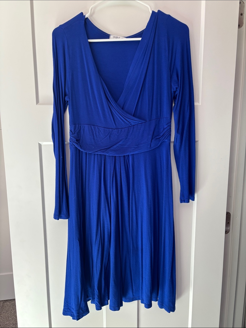 Doublju Royal Blue Long-Sleeve Faux-Wrap Dress